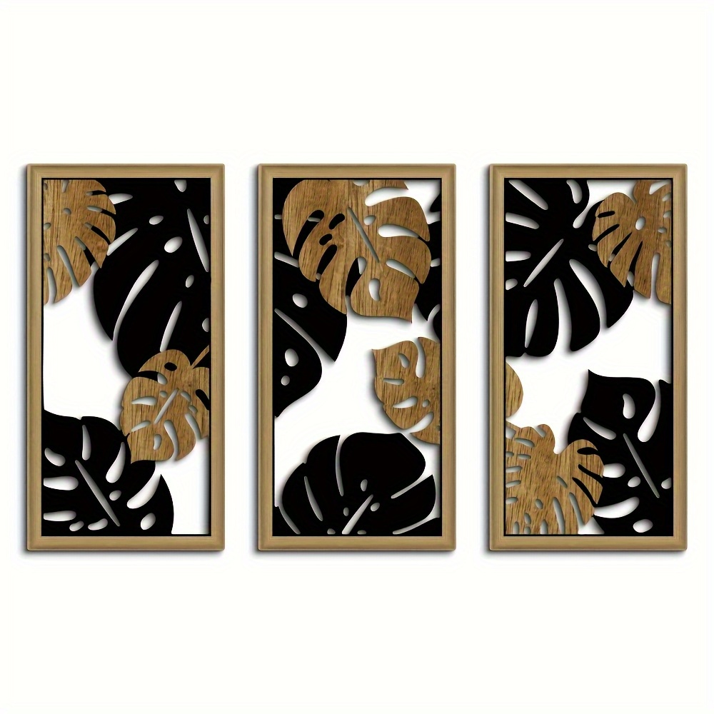 TEMU 2d Flat, Set Of 3 Hollow Leaf 2d Flat Wall-mounted Wooden Decorations, Black And Natural- Vertical Wood Signs, Modern Minimalist Indoor Home
