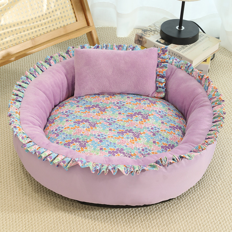 Image of Four-season Versatile, Cute Floral Scalloped Cat Bed, Round Soft Pet Bed With Pillow, Fluffy Round Cat Bed, Dog Bed With Floral Lace Cat Cave, Comfortable Pet Bed