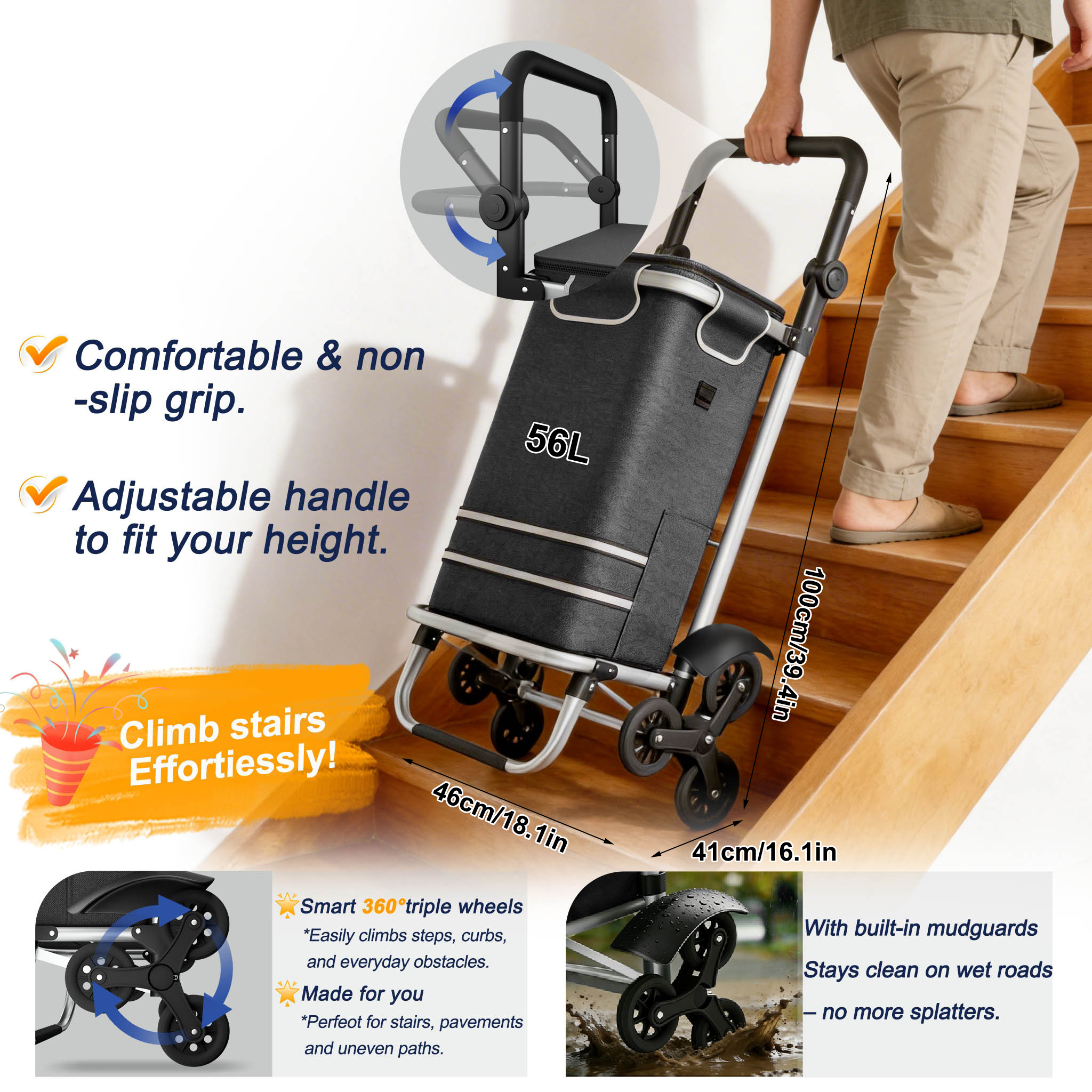 3-in-1 56l Foldable Lightweight Shopping Cart Trolley For Retail Stores, Markets, And Households With Removable Shopping Basket