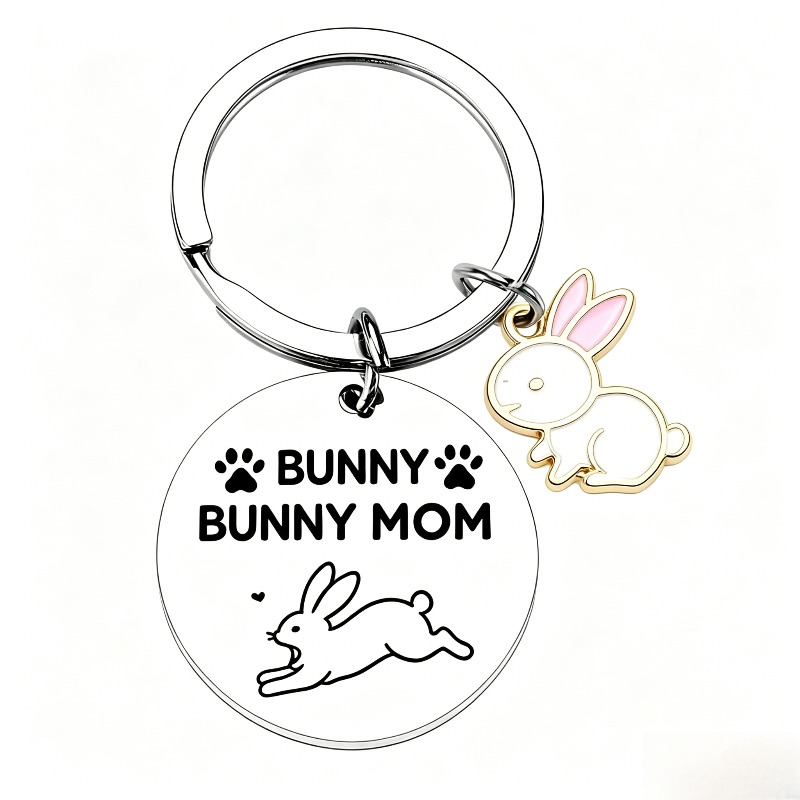 TEMU Bunny Mom Keychain With Cute Rabbit Charm, Stainless Steel Bunny Paw Print Keyring For Women, Pet Rabbit Lover Gift For Mother's Day Birthday