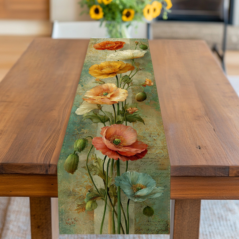 E-shop Tischläufer, Tischdecke, Blumenmohn-Design mit Vintage-Schrift-Hintergrund, Multicolor-Ton, für Frühling, Valentinstag, Muttertag, Geburtstag,