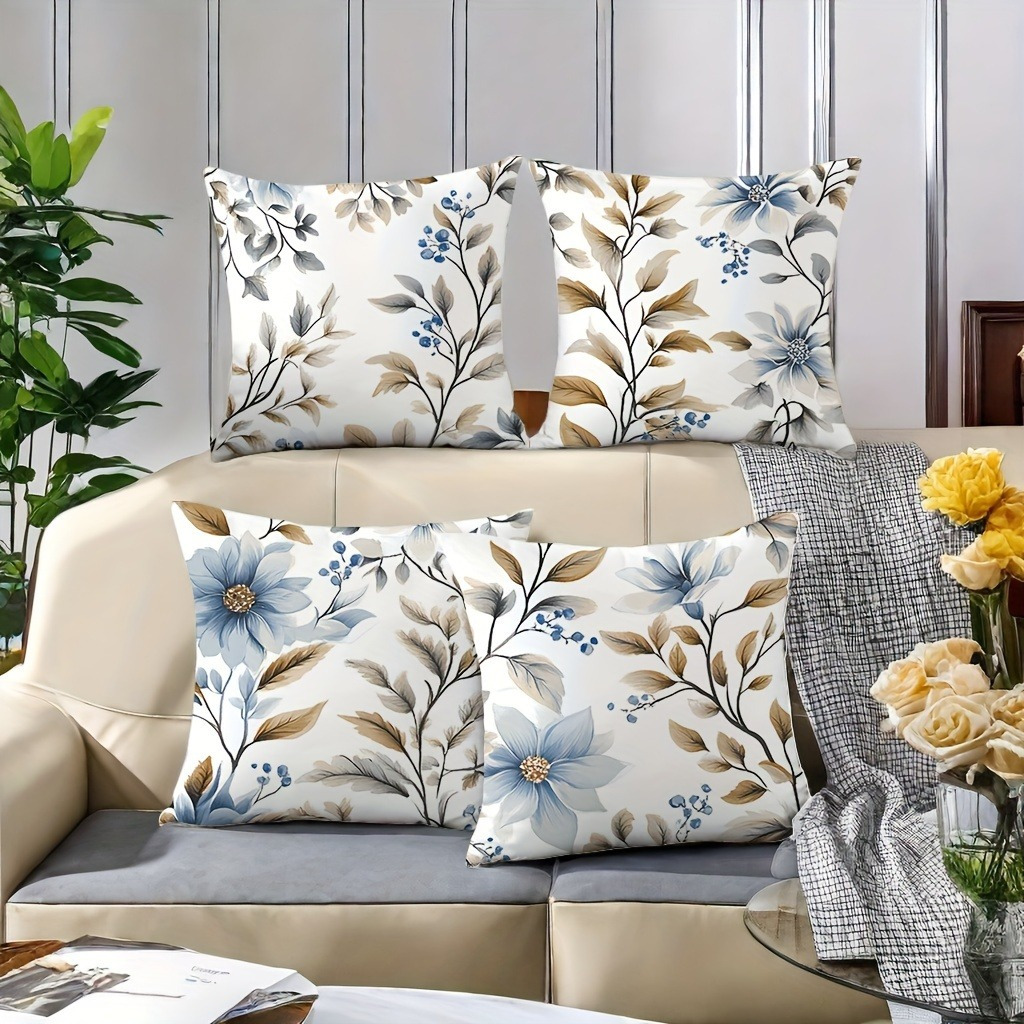 TEMU 4pcs Set, Blue And White Floral Pattern Pillowcases, 1 Set Of 4 Pillowcases, Soft, Comfortable And Textured, Suitable For Sofas And Mattresses