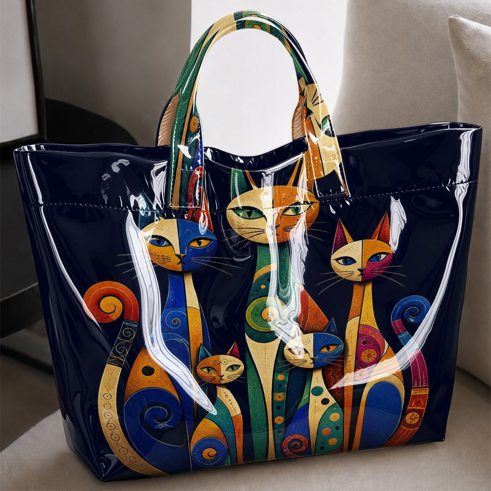 Image of Pvc Tote Bag Suitable For Cat Lovers - Abstract Colorful Cat Print Handbag With Base & Multicolor Feline, Spacious Interior For Commuting, Shopping, Travel, Casual Daily Use, Handbag For Or