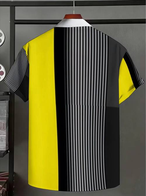 【プリントデザイン】メンズ カラーブロック 半袖シャツ(ノンテクスチャード)。イエロー、ブラック、細いストライプのデザインが特徴。ストリート系の個 なスタイルで、夏のパーソナライズされた目立つルックを簡単に作り出せる。