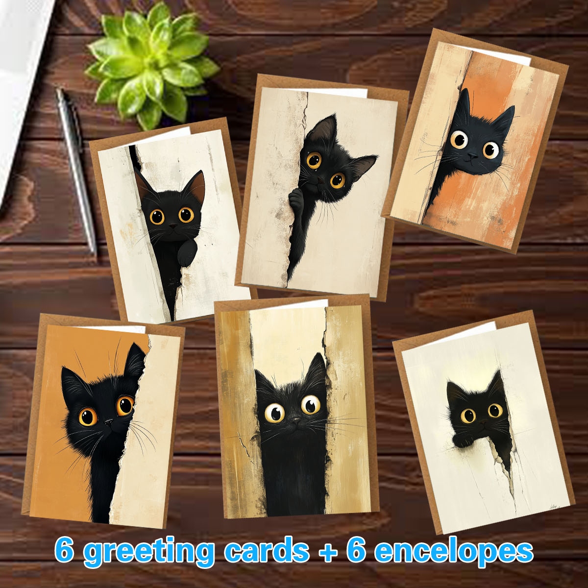 TEMU 1set/12pcs/24pcs/48pcs Holiday Cards, Christmas Cards, Birthday Cards, Valentine's Day Cards, Black Cat Head In The Wall Crack, Handwritten -