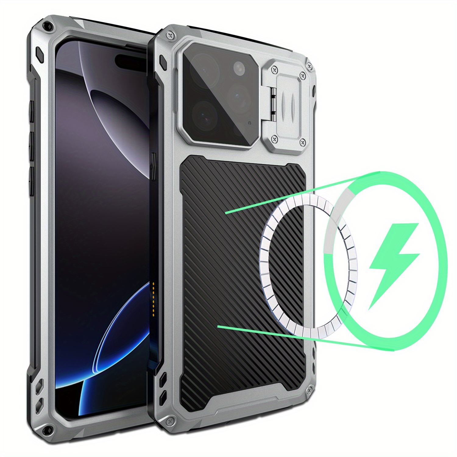 Phone case: for iPhone 16 15 14 Pro Max 16 Plus Metal Case with  Cover & Stand [Compatible with Magnetic] [Built-in Kickstand] Heavy Duty Rugged Magnetic Phone Case