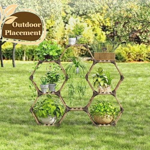 8 tier hexagonal wooden plant stand suitable for indoor outdoor use multi tier shelf with sturdy for garden balcony patio decor modern rustic for potted plants artificial or home decoration