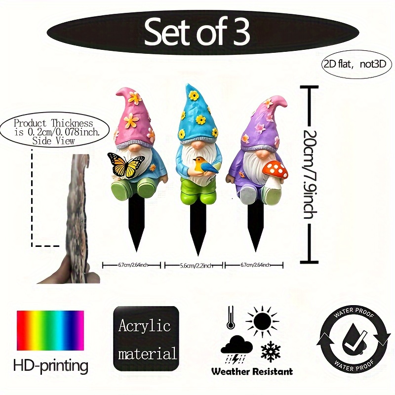 TEMU 2d Flat Printing 3pcs Acrylic Ground Plug Dwarf Elf Acrylic Garden Stake Set, Country Style Spring Windproof And Rainproof Outdoor Lawn