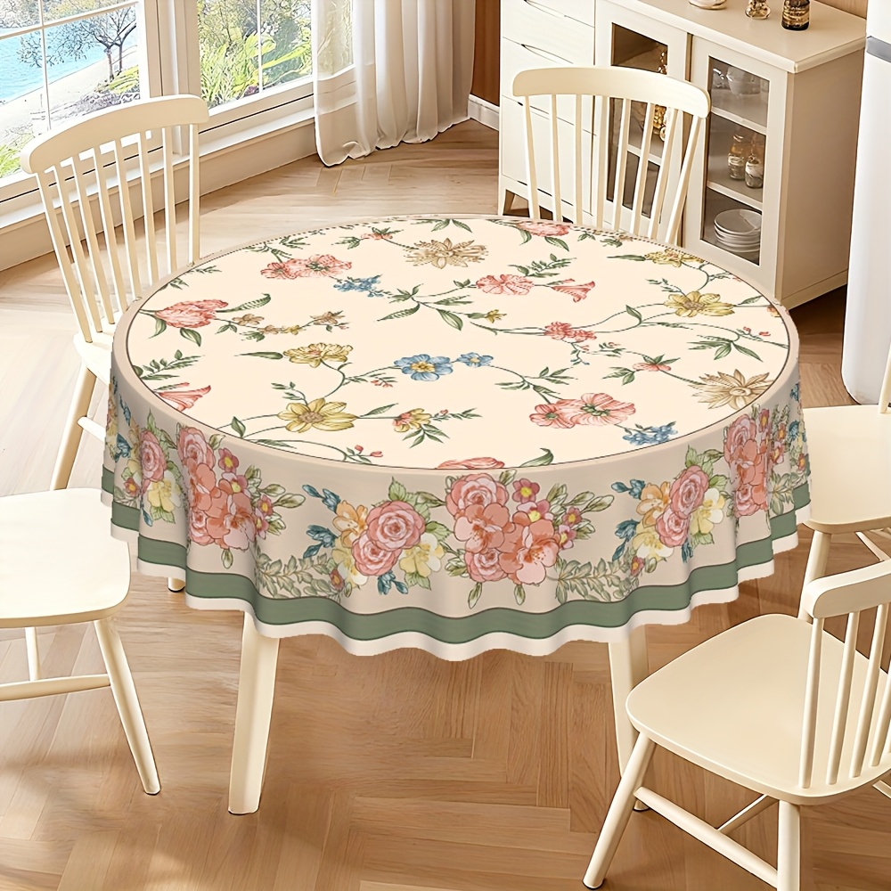 TEMU 1pc, Round Tablecloth, Rectangular Tablecloth, Pvc Tablecloth, "french Country Style Tablecloth " With Pink, Blue, And Yellow Floral Vine
