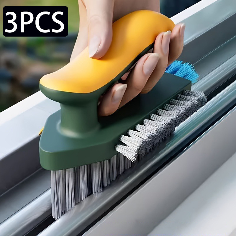 TEMU 3pcs 2-in-1 Window Crevice & Floor Scrub Brush - Durable Plastic, Portable Design With Ergonomic Handle And Dual-color Bristles For Bathroom,