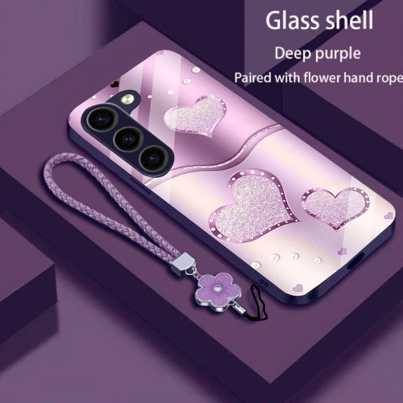 TEMU Phone Case: Glitter Heart Pattern Glass Phone Case With Lanyard Set - For Galaxy S26 S25fe S25 S24 S23 S22 S21
