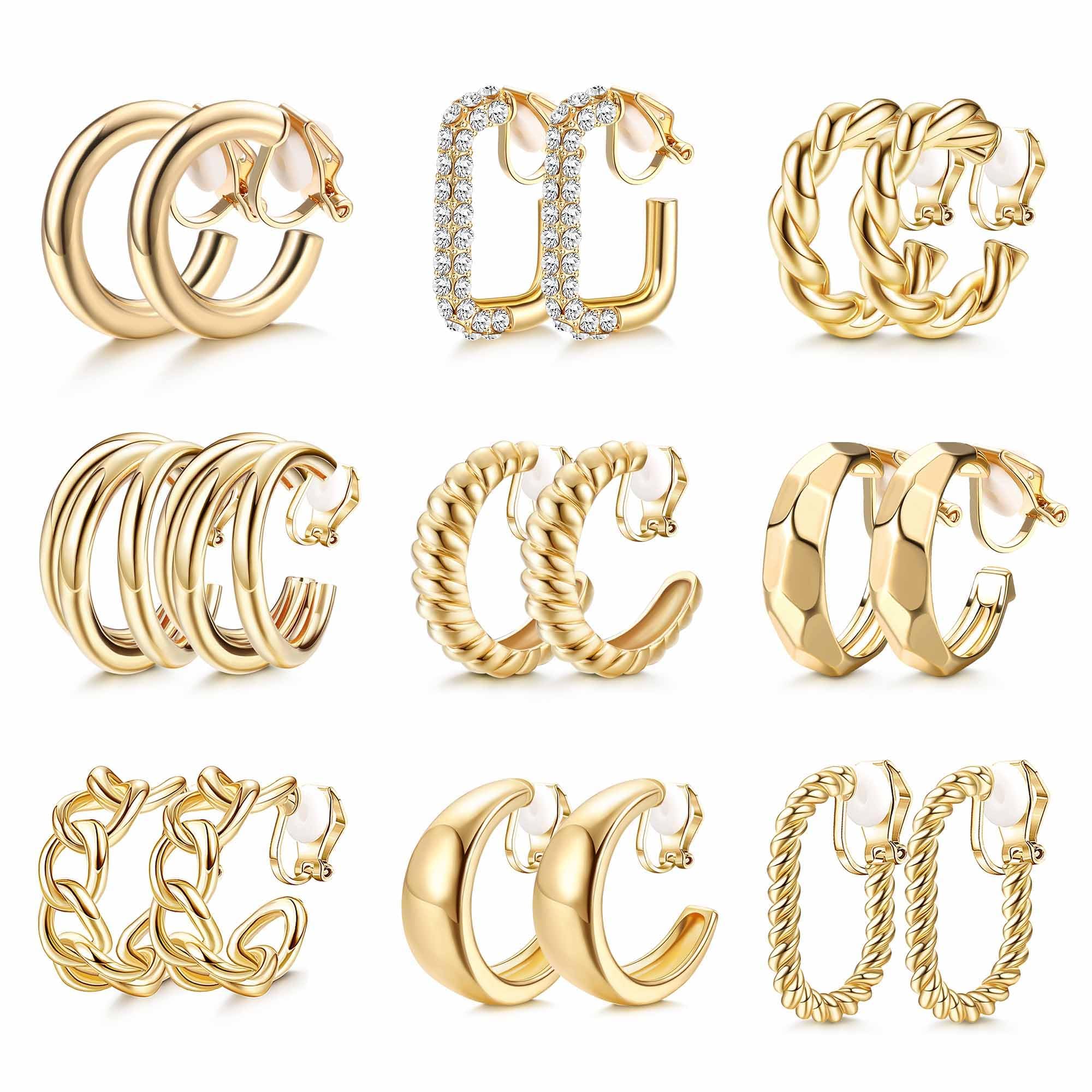 Image of 9 Pairs Clip On Earrings For Women Chunky Hoop Clips Earring Trendy Clip On Hoop Earrings For Women Non-pierced Fake Jewelry