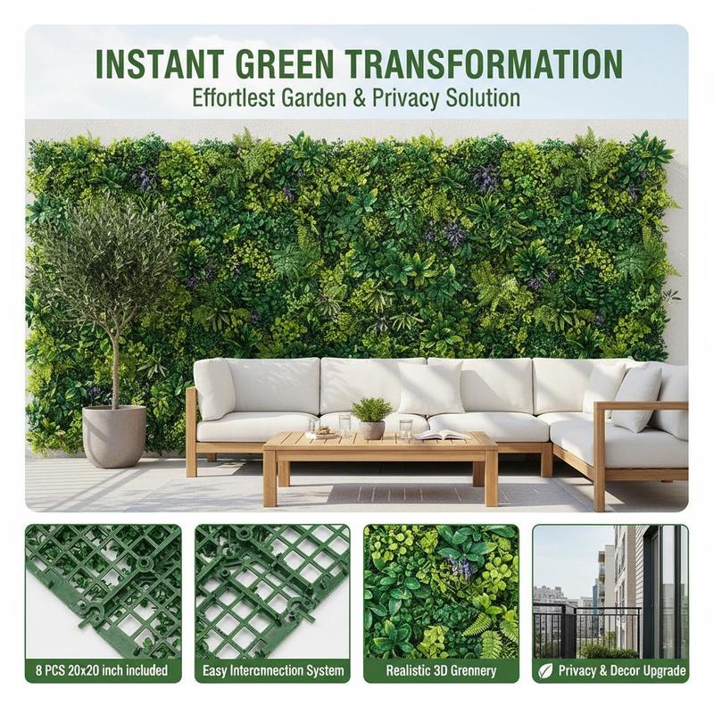 Faux Boxwood Hedge 20X20In for Garden Privacy Ivy Fence Interior Wall Decor, 8pcs 3D Greenery Foliage Screen Backdrop Interlocking Grid Panels