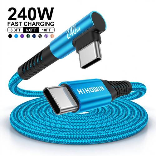 صورة العنصر كابل شحن سريع 240 max من النوع c بزاوية قائمة من usb c إلى usb c مضفر، كابل شحن usb c لهواتف for samsung galaxy s27/s26/s25/s24، ولـ iphone 18/17/16/15، ولـ huawei والمزيد من الهواتف الذكية