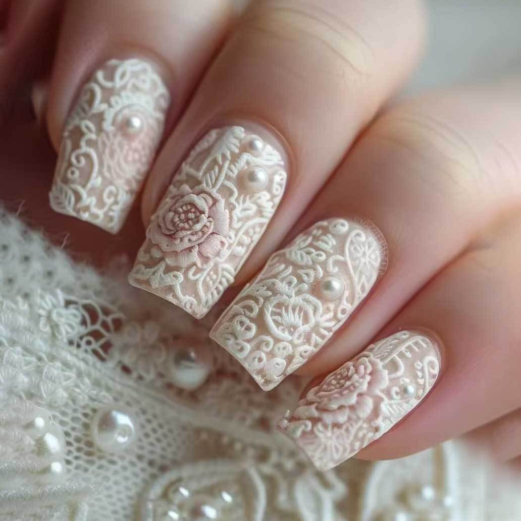 TEMU 24pcs Faux Ongles Carrés à Pression Base Nude avec Dentelle 3D et Rose, Style Mariage Brillant, Manucure de Salon pour Femme pour Mariage Fêtes