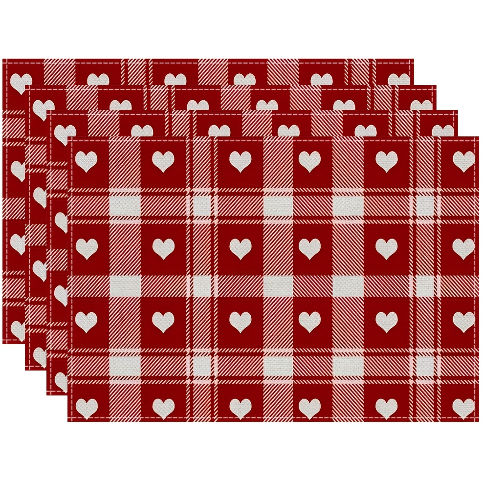TEMU 4pcs Buffalo Check Red Heart Placemats - Red & Buffalo Check With Heart Cutouts, Hand Washable Table For Holiday Dining, Decor, Rustic Table Setting