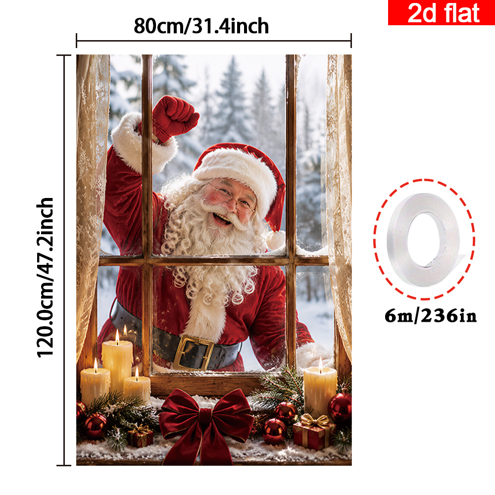 TEMU 2d Flat, 1pc 1pcs 1pc (added "pcs" For ) Suitable For Christmas-themed Window Banner With Santa Claus, Candles & Bow Print - Warm Country Style