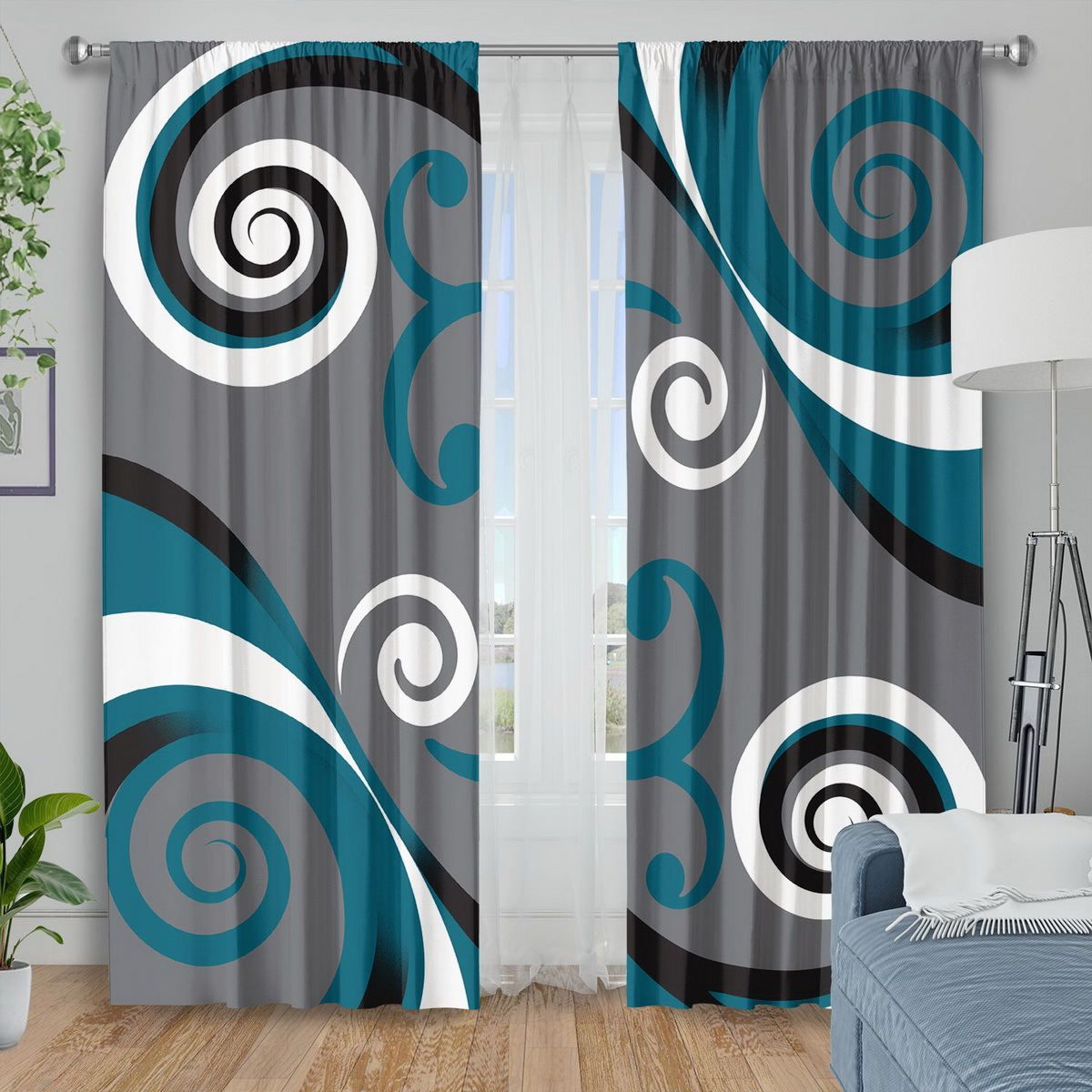 TEMU 2pcs Curtain Fabrics Abstract Swirl Teal Grey White Black Printed Curtains Insulation Blackout Curtains For Bedroom Kitchen Bedroom Living Room