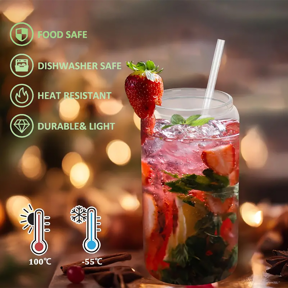 50 25 12 8 pack 16oz clear or frosted sublimation glass cans with bamboo lid transparent glass tumblers with plastic straw sublimation glass cups with bamboo lids with individually   ideal for diy gifts halloween christmas for juicing coffee soda tea Product details 7