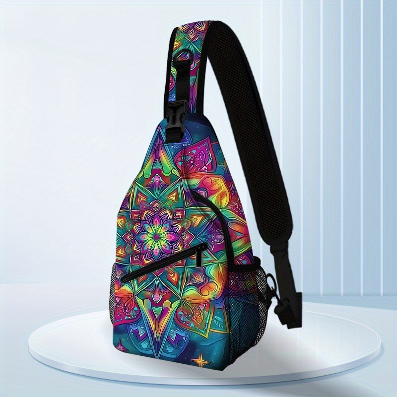 TEMU Vibrant Mandala Flower Sling Bag - Adjustable Crossbody & Shoulder Pack For Men And Women, Colorful , Hiking, Travel & , Secure Zipper Closure,