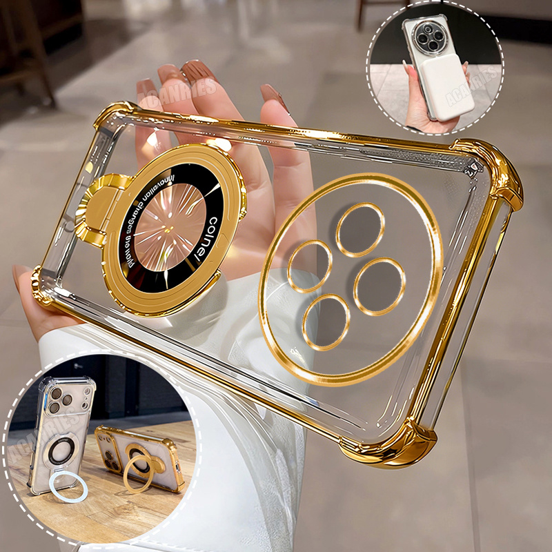 TEMU Phone Case - Acanries 1pc Luxury Thin Ring Folding Stand Holder Bracket And 1pc Plating Clear Shockproof Protective Phone Case For Oppo Reno 12