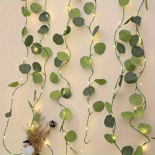 2 sets 30 lights each battery operated teardrop string lights with eucalyptus leaf wreath centerpieces realistic plastic foliage garland suitable for christmas table centerpiece decorations dining table holiday ambiance christmas