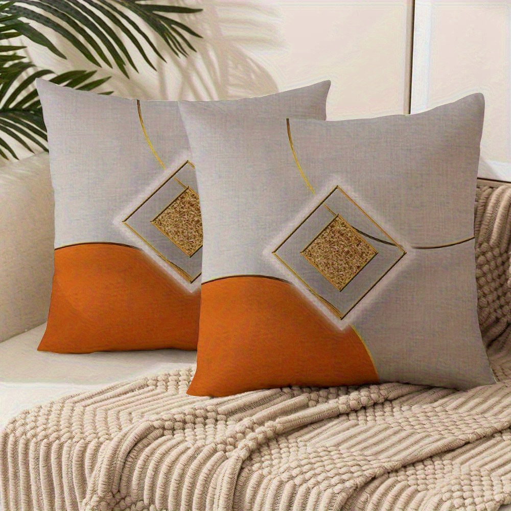 TEMU [modern Cushion Covers] 2pcs Cushion Covers- Contemporary Orange& Gray Pillow Cases With Zipper Closure, Machine Washable Sofa Decor For Living