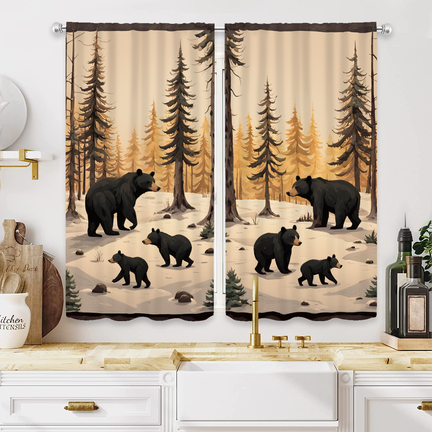 

2pcs Style Black Bear Winter Scene Printed Curtains, Semi-sheer Polyester Rod Pocket Drapes, Machine Washable Decorative Panels For Living Room, Bedroom, Study - Carnivals Theme