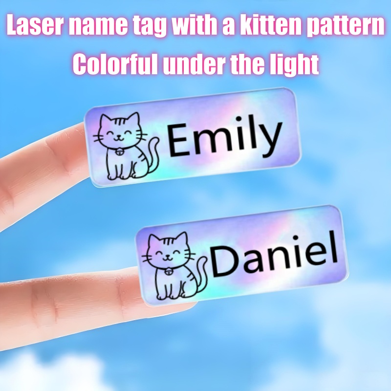 TEMU Étiquettes laser personnalisées motif chaton, autocollants multicolores pour nom sous lumière, auto-adhésives, adaptées pour fournitures de