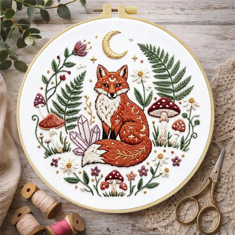 DIY Celestial Magic Red Fox & Moon Embroidery Kit for Beginners