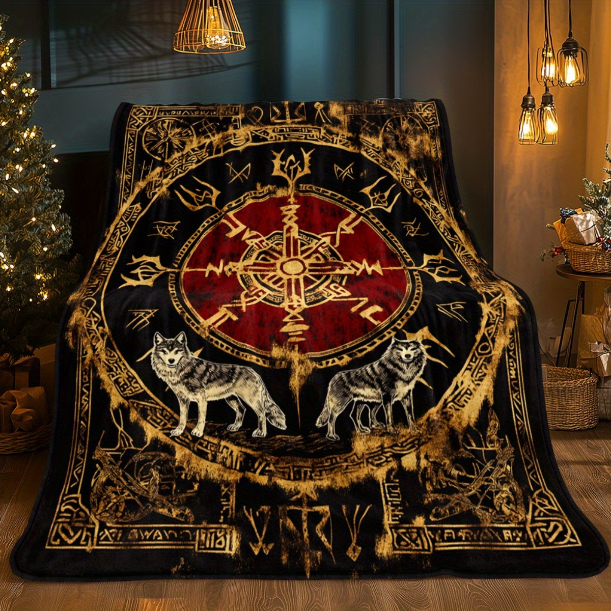 TEMU Couverture portable 1 pièce avec imprimé totem viking rétro - Plaid léger en flanelle pour canapé-lit, voyage, camping, salon, bureau, fauteuil