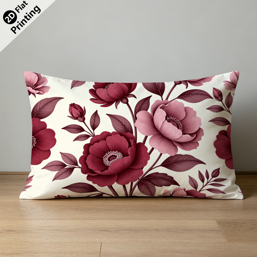 TEMU 2d Printing 1pc Vintage Wine Red Peony Print Polyester Single-sided Printed Pillowcase, Luxury Bedroom Living Room Sofa Cushion Cover,