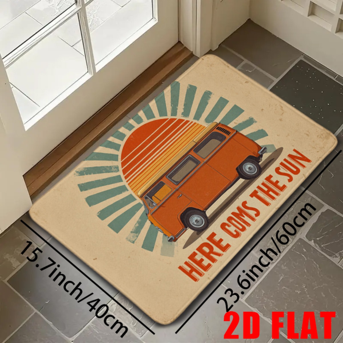 TEMU 2d Flat, 2d Flat, 2d Flat Mat, 1pc Vintage Orange Van With Sunrise Background Flannel Bathroom Anti-slip Mat, Featuring Retro Travel And Theme,