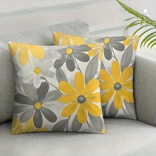 2 pack yellow and gray floral pattern sofa throw pillow covershome decor pillow cover bedroom living room sofa decoration polyester cushion cover with zipper pillow core not included