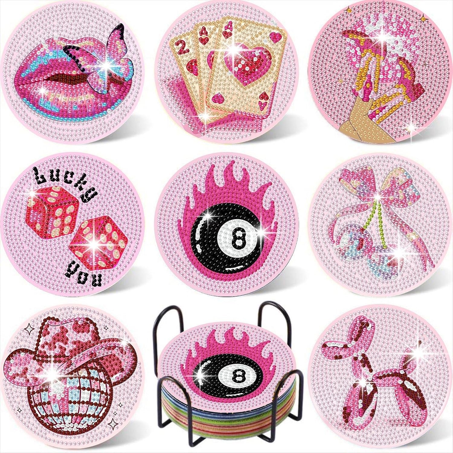 TEMU 8pcs Set Of Pink Disco Coasters, Suitable For Adult Beginners, Retro Diamond Painting Coasters With Holes, Non-slip, Cute And Easy To Operate