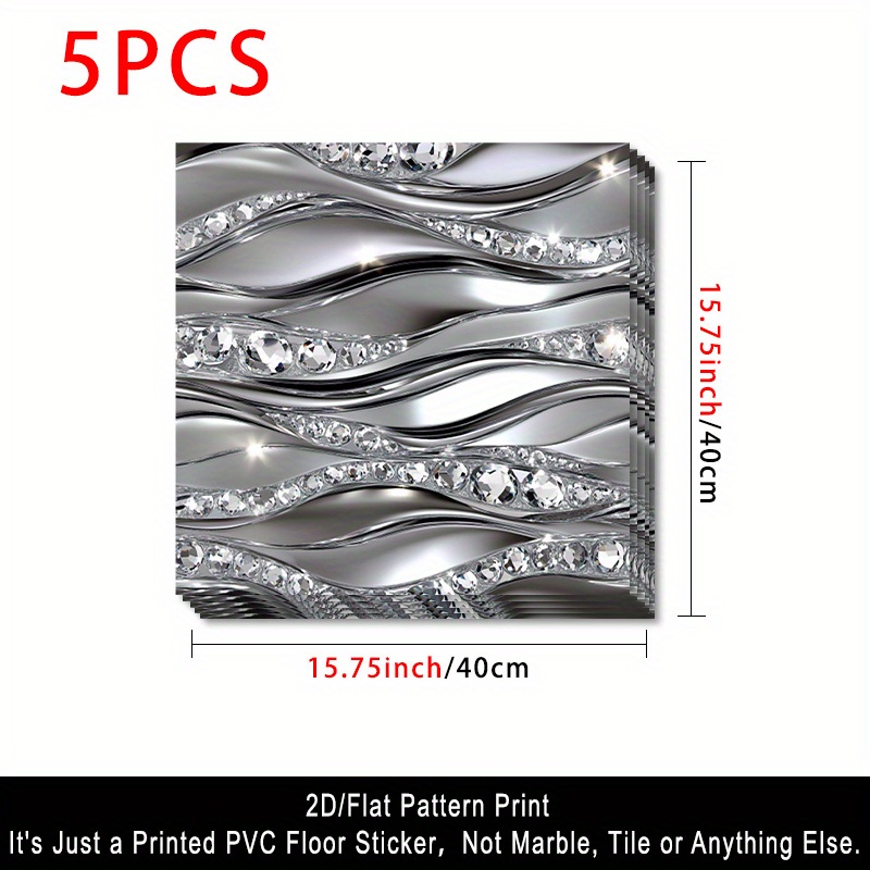 E-shop 2D Flach, 5 Stück, Selbstklebende Vinyl PVC Wandaufkleber und Bodenaufkleber mit Metallic Wellenmuster Spleißung, Quadratische Wandaufkleber und