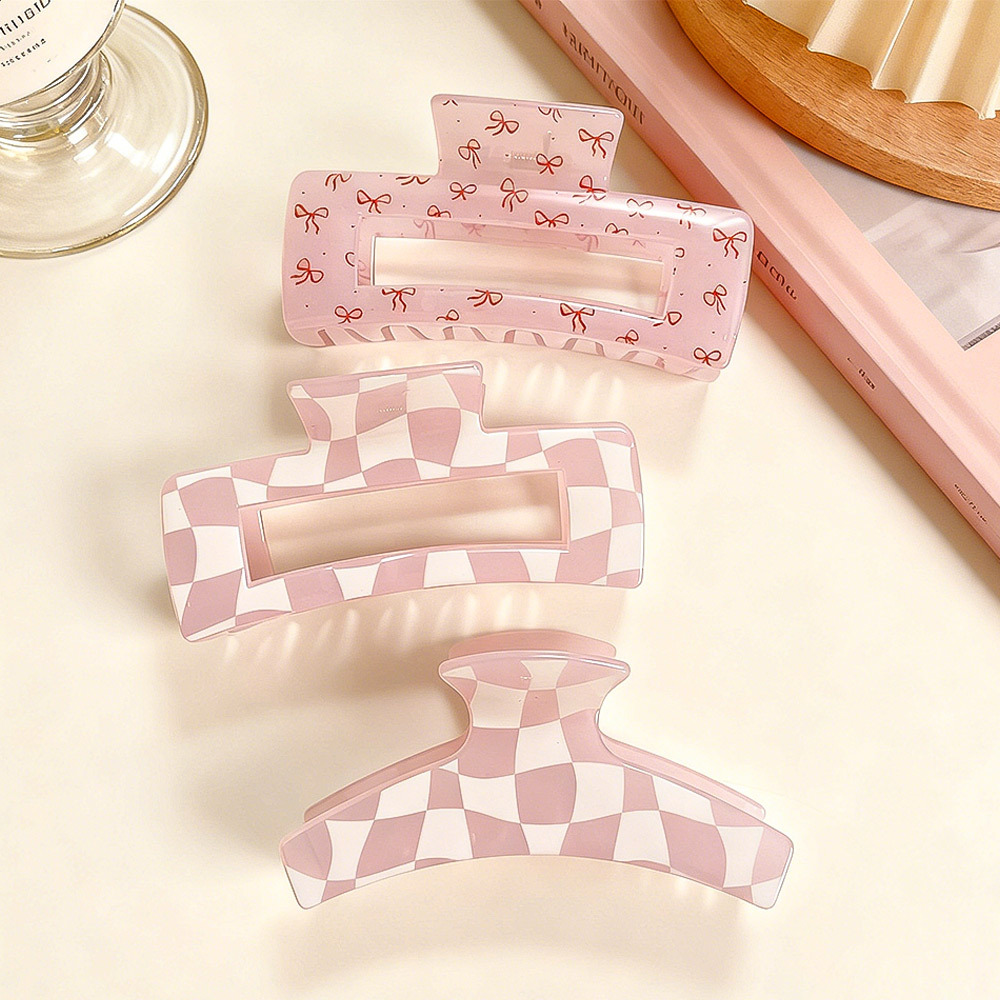 TEMU 3pcs Set Pink Irregular Checkerboard Plane-shaped Hair Claw Clips For Women, Printed Fluffy Hair Claw Clips, 4.13-inch Ponytail Holder, Simple