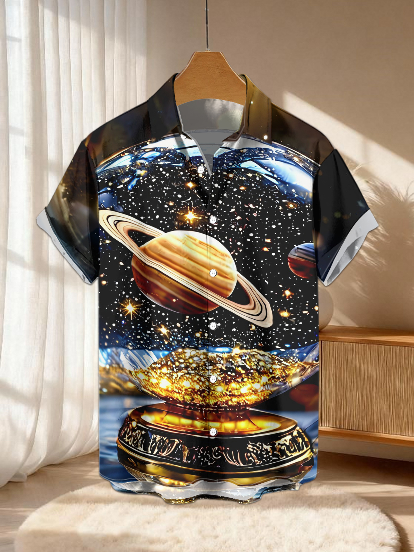 new mens casual short sleeve shirt crystal starry sea with planets     versatile casual top polyester fabric machine washable button print shirt