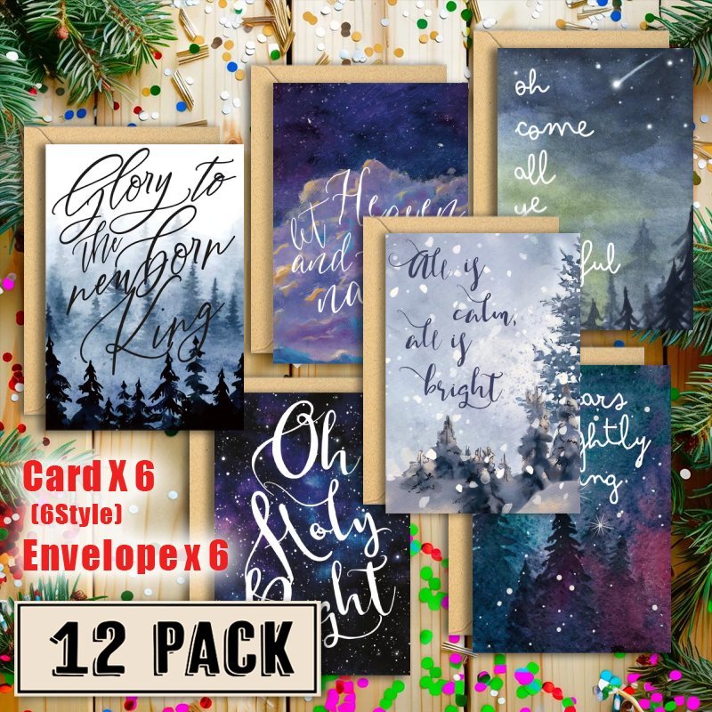 

12pcs Watercolor Christmas Cards, Assorted Modern Holiday Greeting Designs, Paper Material, Floor Mount, With Envelopes For Family, Friends, Coworkers