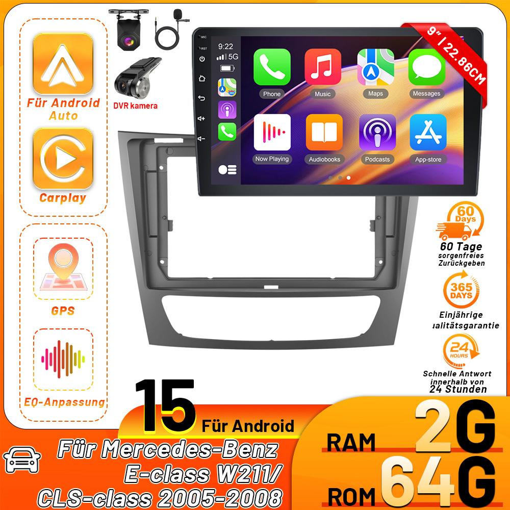 Image of 2+64g Car Radio For Mercedes-benz / 2005-2008 With & Car - 9inch 15 Car Radio With Wifi Rds Fm Gps Steering Wheel Control Eq + Reversing Camera & Dvr Camera + Car Frame