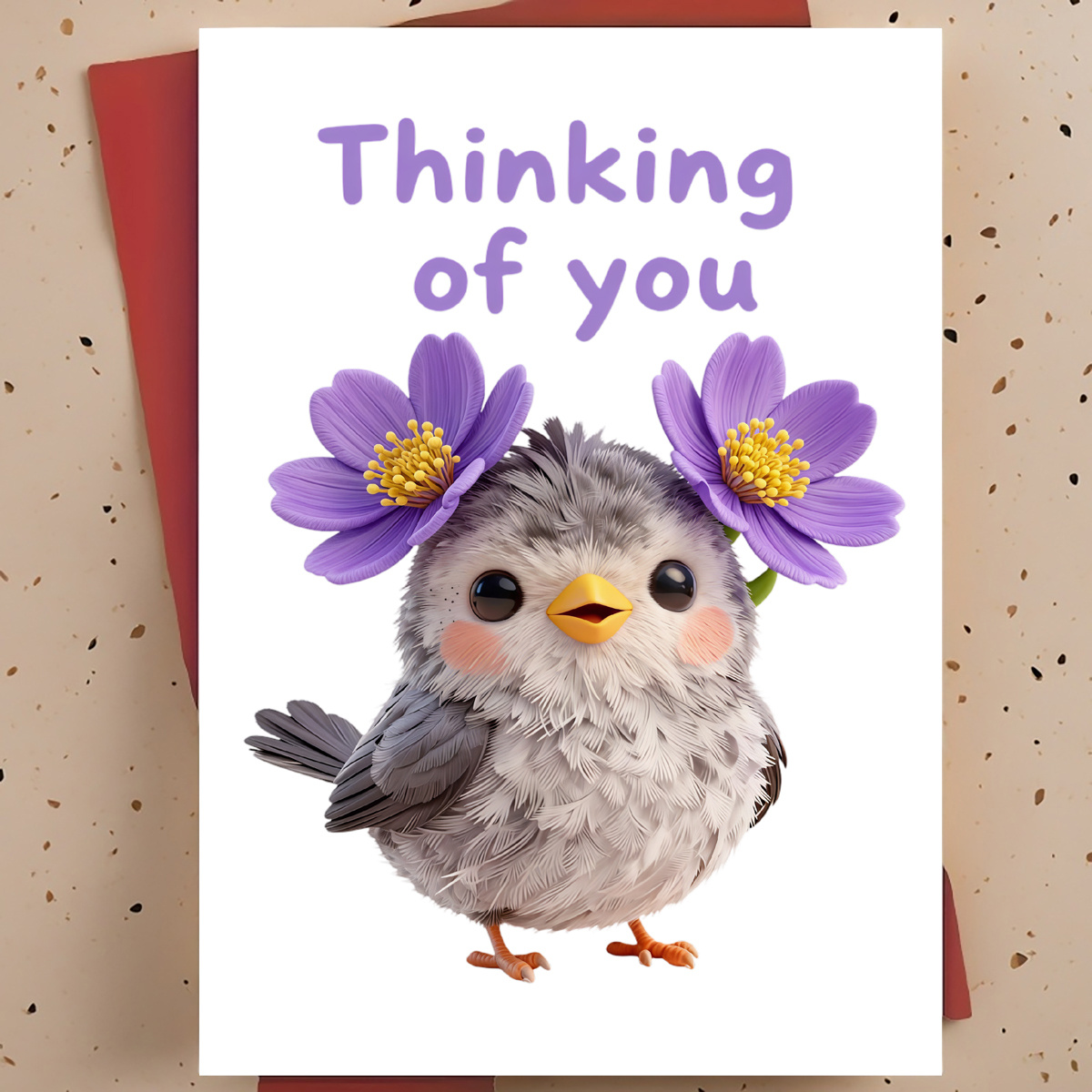 TEMU 1 Cute And Sweet "" Card, Suitable For , Family, Or - Plush Bird, Purple Flowers, Modern Cartoon Illustration, Card, With Envelope