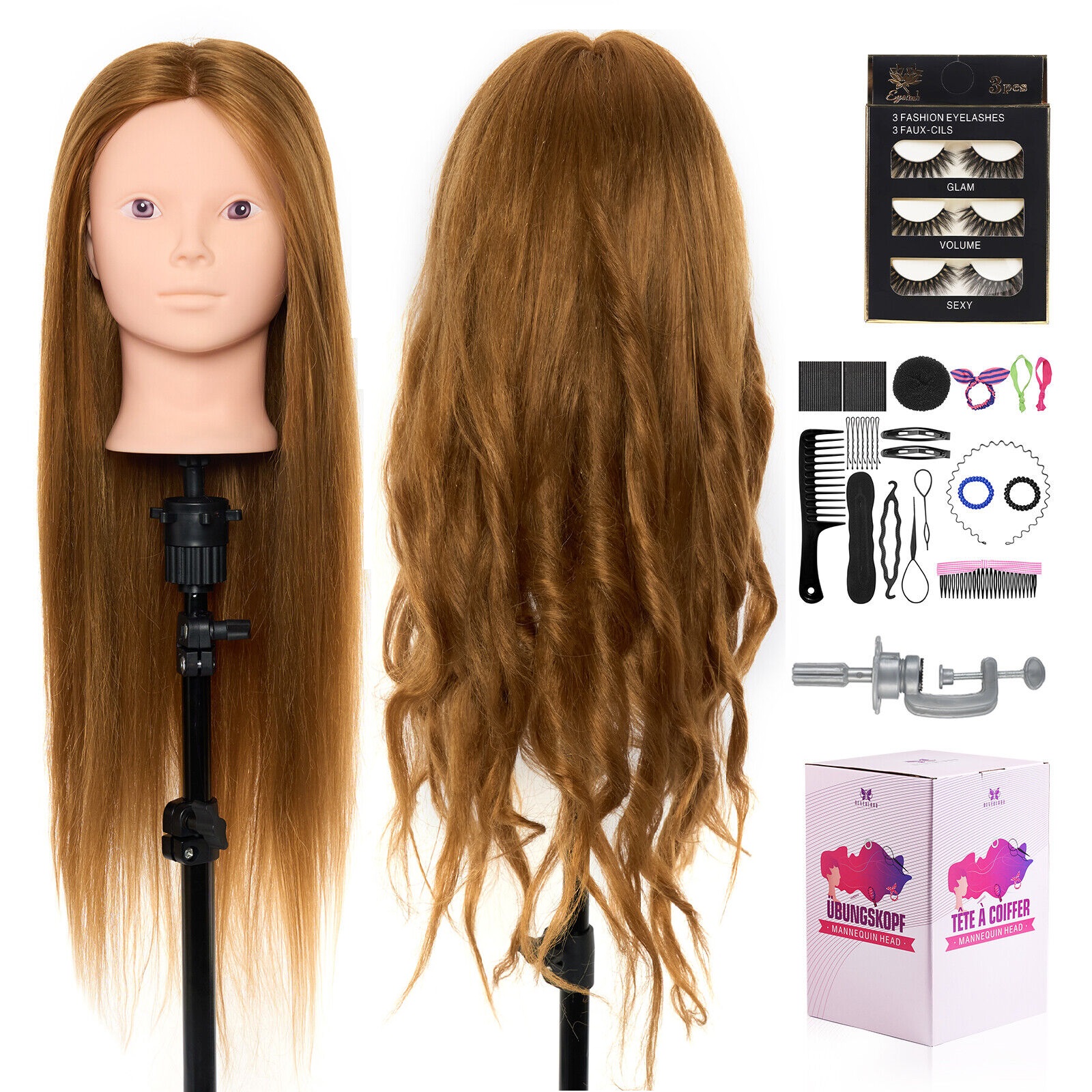28-inch Head | Neverland Beauty & Health Hairdressing, Beauty, Makeup Mannequin Doll With Bench Vise Clamp, Eyelashes, Styling Hair Braids Set For Women.