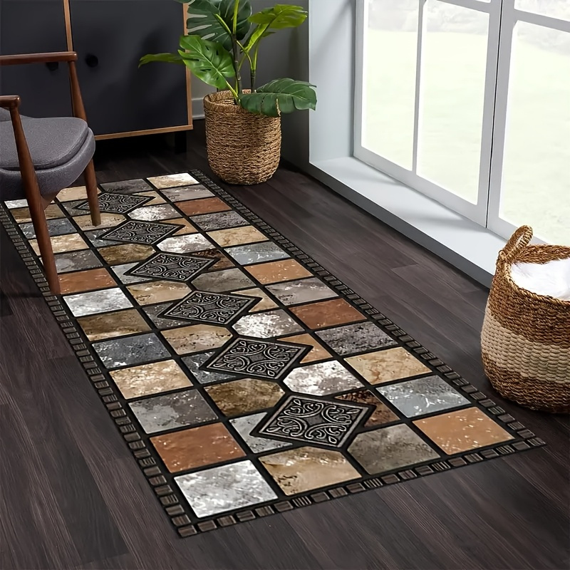 TEMU 1pc Velvet Non-slip Kitchen Pad-white, Beige And Brown Elegant Marble Pattern, Machine Washable Polyester Mat, Suitable For Kitchen, Bathroom,
