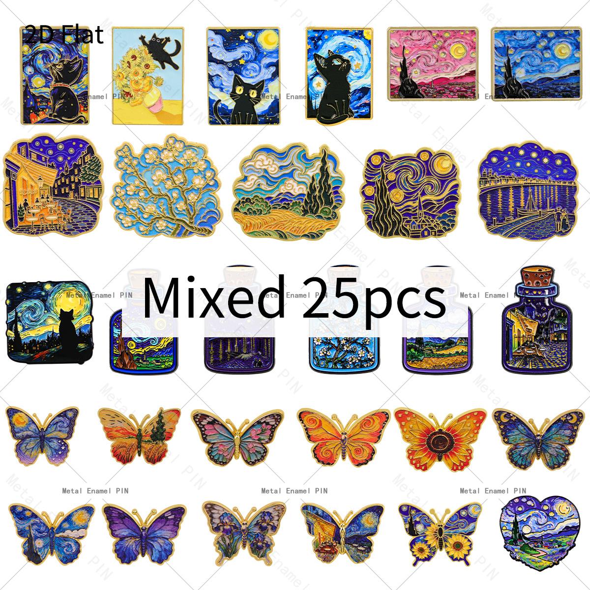 TEMU 2d Flat 25pcs Random Mixed Van Gogh Art Collectible Lapel Pins Enamel Pins And Brooches Badge Pins For Backpacks Bags Backpack Cool Decoration