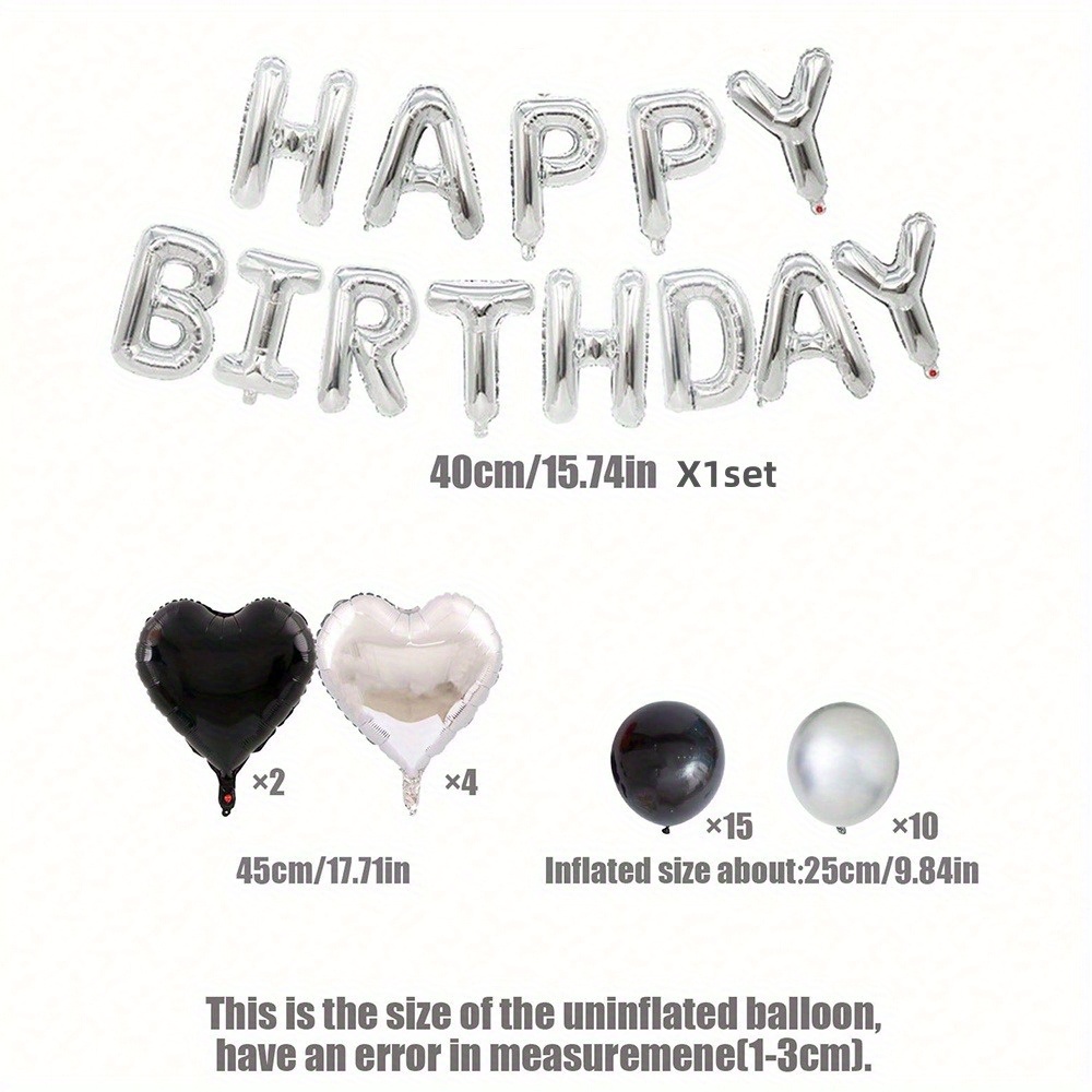 TEMU A Set Of 32 Birthday Balloons, Featuring 16-inch Balloons That Spell 'happy Birthday', Along With 18-inch Black And Silver Heart-shaped Foil