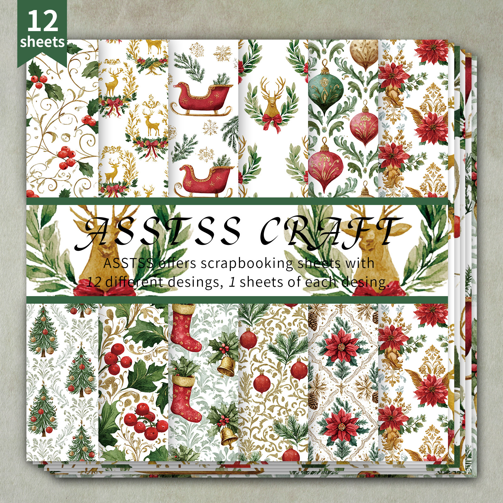 TEMU Bloc de Papier Scrapbooking ASSTSS 12 Feuilles - Papier Cartonné pour Journaling, Collage & Création de Cartes - Thèmes Rétro Noël & Généraux