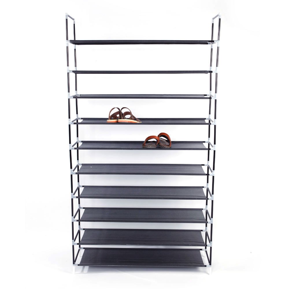10 Tiers Non-woven Fabric Shoe Rack With Handle Easy Assembly Black
