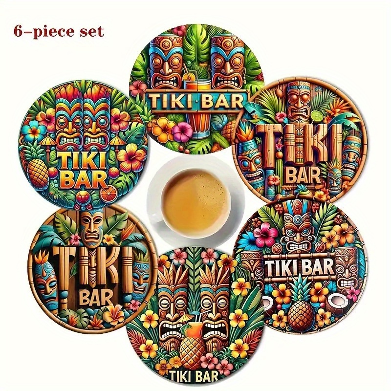 TEMU Ensemble de 6 sous-verres en bois sur le thème de TIKI BAR, design plat 2D, à la chaleur, idéal pour , , etc. Parfait pour décorer , la voiture,