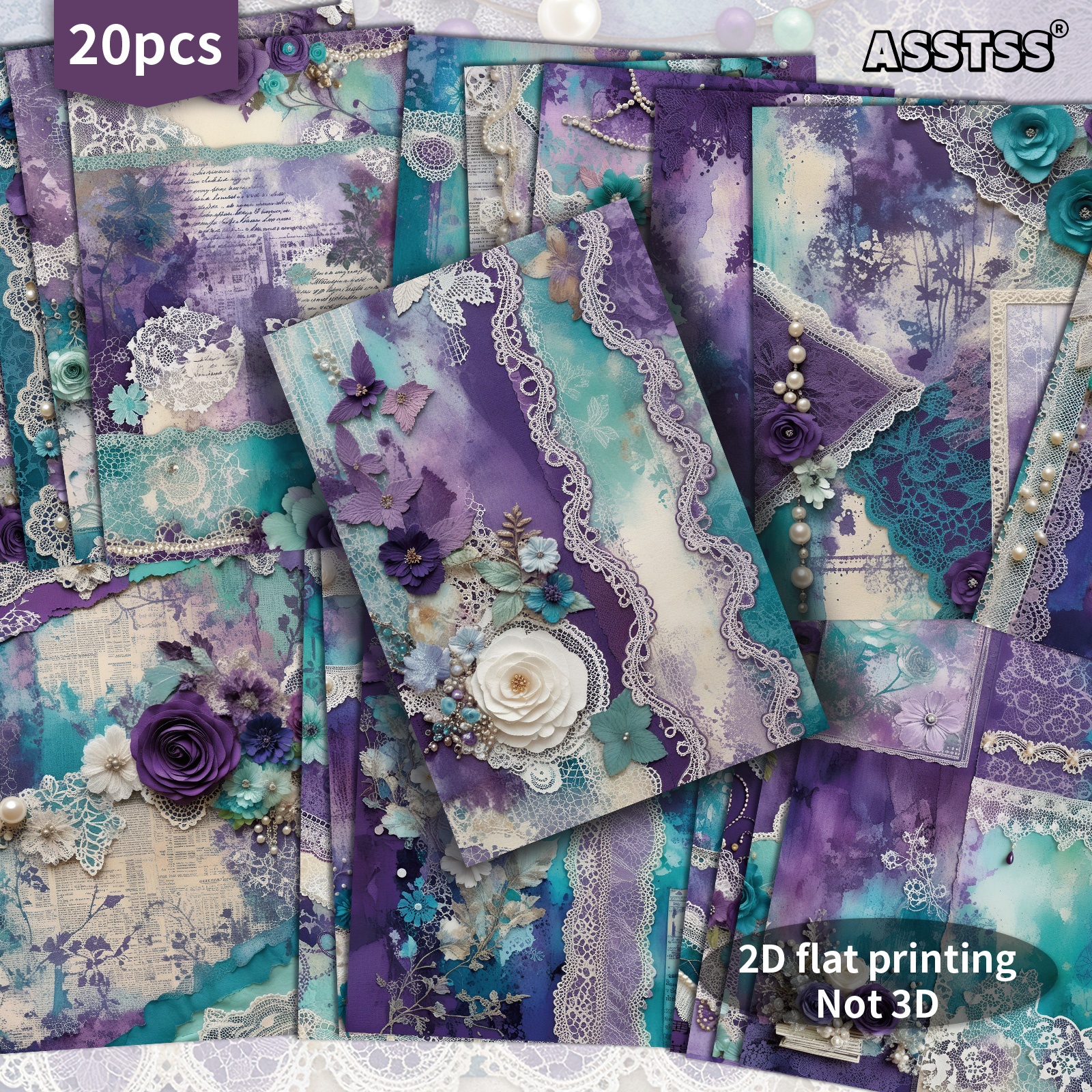 TEMU 20-pack Asstss Vintage 2d Flat Purple Lace Floral Postcards - 4x6 Inches Retro Junk Journal Supplies, Classic Pinup Illustrations Collectible
