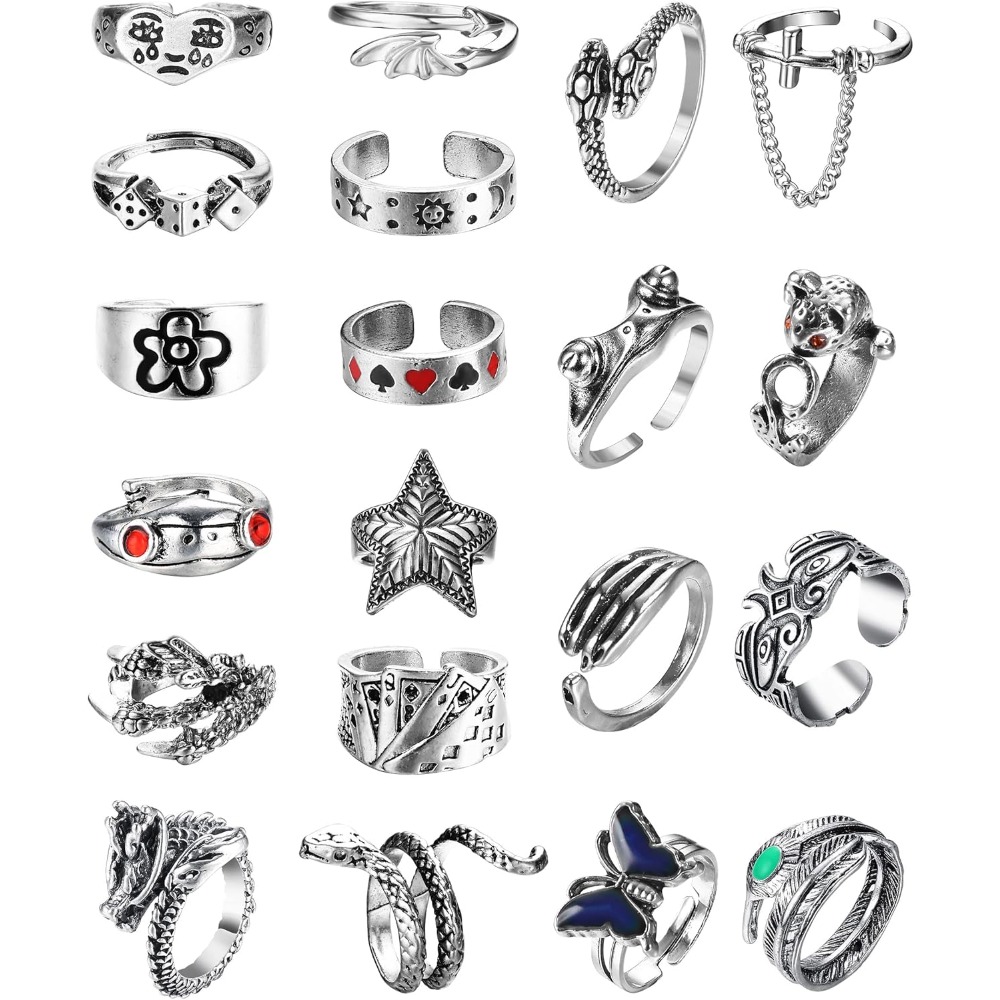 Image of 20pcs Pcs Pack Vintage Gothic Punk Rings For & - Adjustable Frog, , Snake, Dragon, Feather Charms - Stackable Retro Suitable For Goth, Hippie, Biker Style, For Teenager